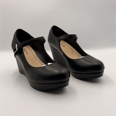 Soda Black Mary Jane Wedge Heels for Women, Buckle Adjustable Strap
