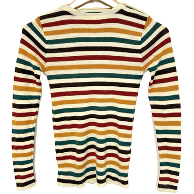 S/M Vtg 70s Women's Striped Ribbed Slim Fitted Hippie Boho Thin Sweater Top