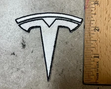 Custom Made Embroidered White Tesla Patch Iron on or Sew On White Black Outline