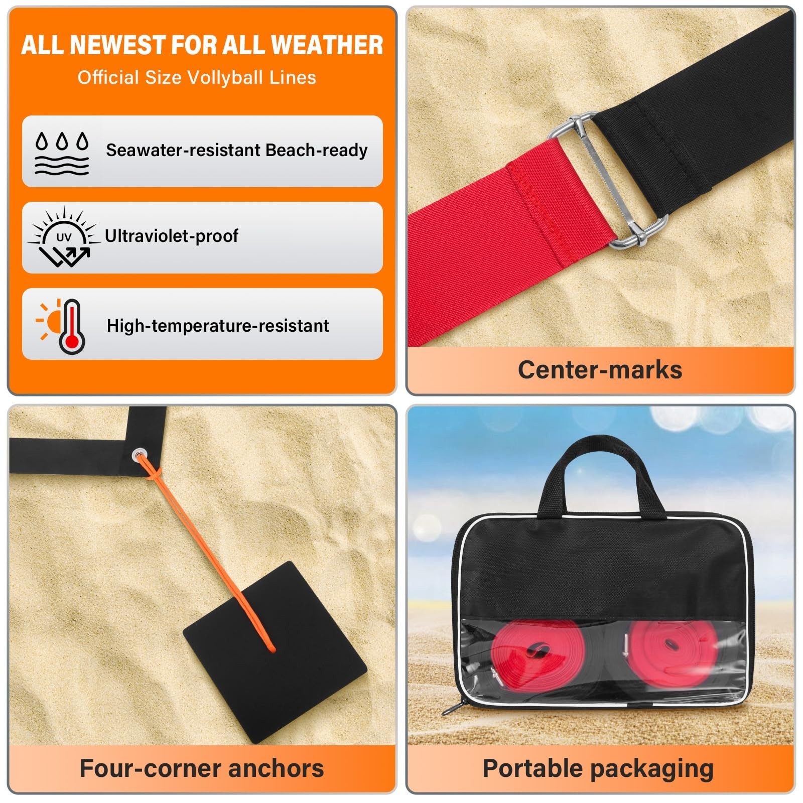 Heavy Duty Beach Volleyball Lines for Sand - Portable 2 inch Webbing Set for ...