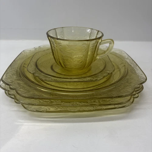 Federal Vintage Madrid Amber Yellow Depression Glass Cup, Saucer, & 3 Plate Lot
