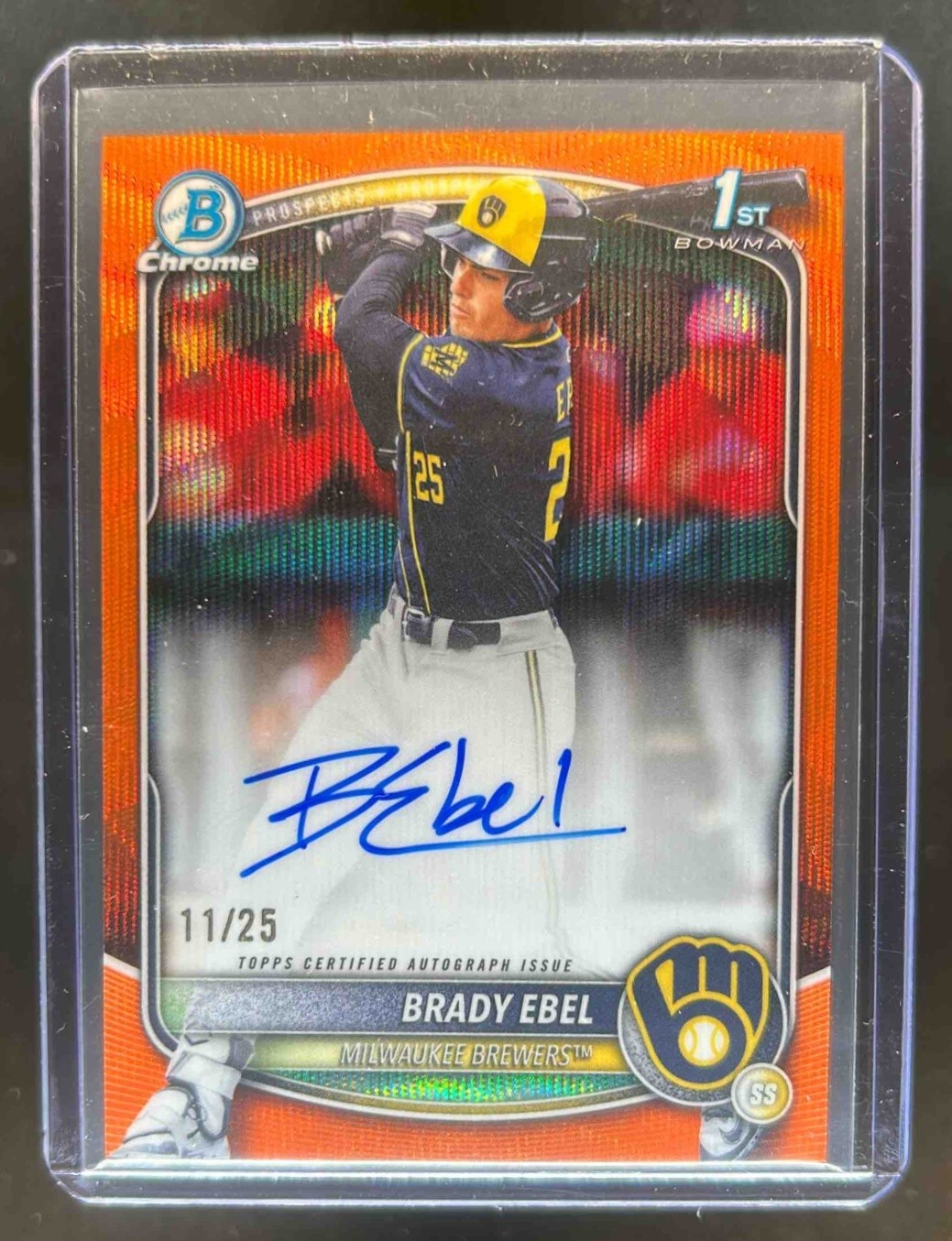 2025 Bowman Draft Brady Ebel Chrome Auto Orange Wave Refractor 1st #/25 Brewers