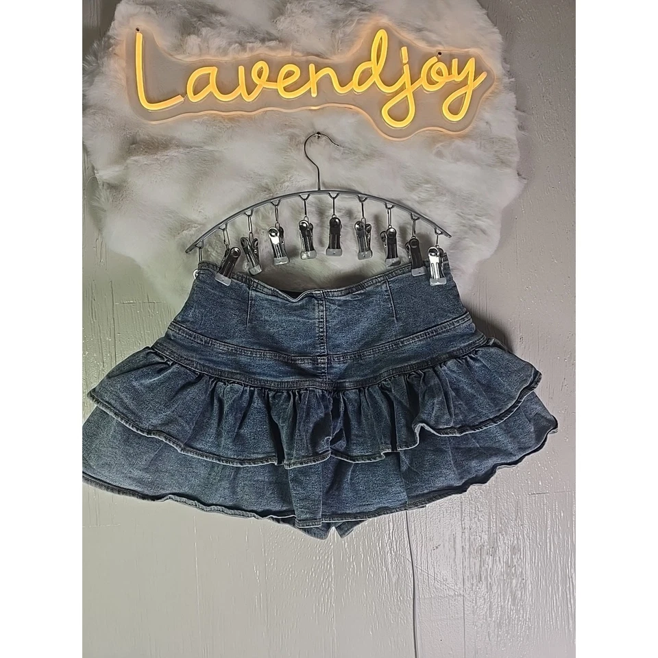 Mini falda elástica vintage con volantes de mezclilla para mujer grande Y2K años 80 fiesta club Foto 3 de 4