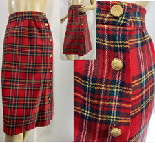 VTG 80s Red Tartan Wool Blend XS Plaid Gold Buttons Midi Skirt Wrap A Line Kilt