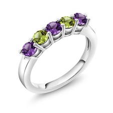 925 Sterling Silver Amethyst and Peridot 5-Stone Wedding Anniversary Band Ring