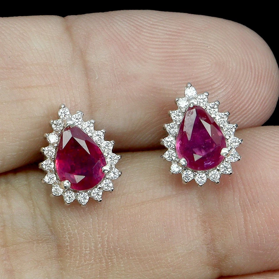Black Friday 925 Sterling Silver Earrings Pear Ruby 7x5mm Natural Jewelry - Image 2 of 4