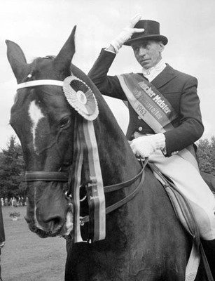 The new German champion in dressage Josef Neckermann poses on his - Old Photo