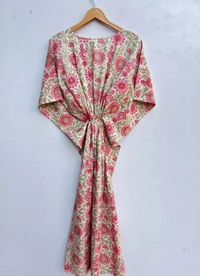 Indisches Vintage 100 % Baumwolle langes Strand Maxi Kaftan Kleid Einheitsgrö...