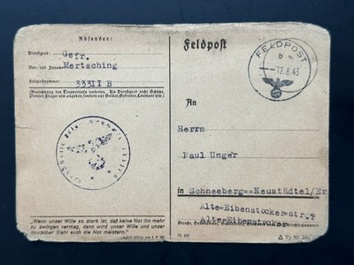 Old Field Postcard 1943 Schneeberg Neustädtel (1603)