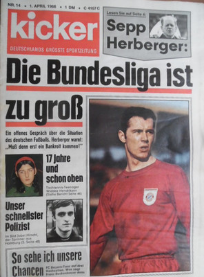 KICKER 14 - 1.4. 1968 Z Beckenbauer 1860-Bayern 3:2 Geoffrey Hurst Köln-HSV 2:1