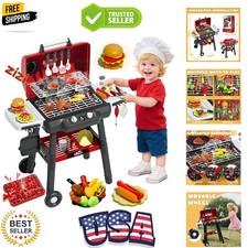 Kids Grill Playset, BBQ Toy Grill with Smoke Sound Light and Wheel, Movable P...