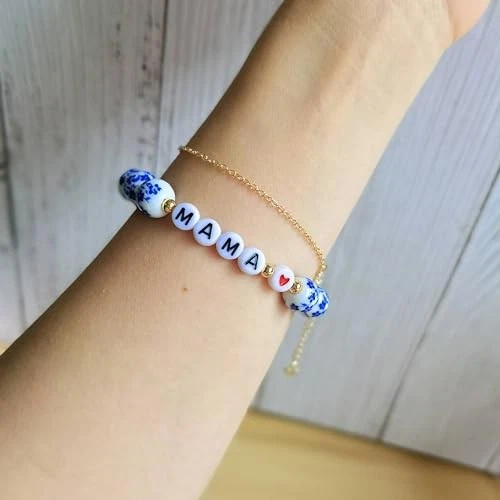 Pulseira de porcelana azul e branca para mamãe B- mamãe azul 10mm - coração de amor vermelho - Imagem 4 de 4