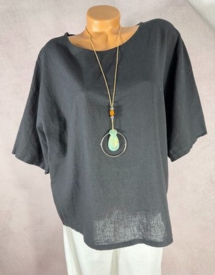NEU Leinen MIX Shirt oversize Italy Loose Fit BASIC + Kette SCHWARZ 38 40 42