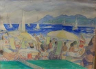 Anni Loegstrup, watercolor. Female artist. French Beach scenery. Cannes 1952.