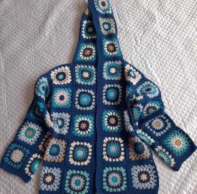 Blue Handmade Hooded Crochet Cardigan Blue handmade crochet