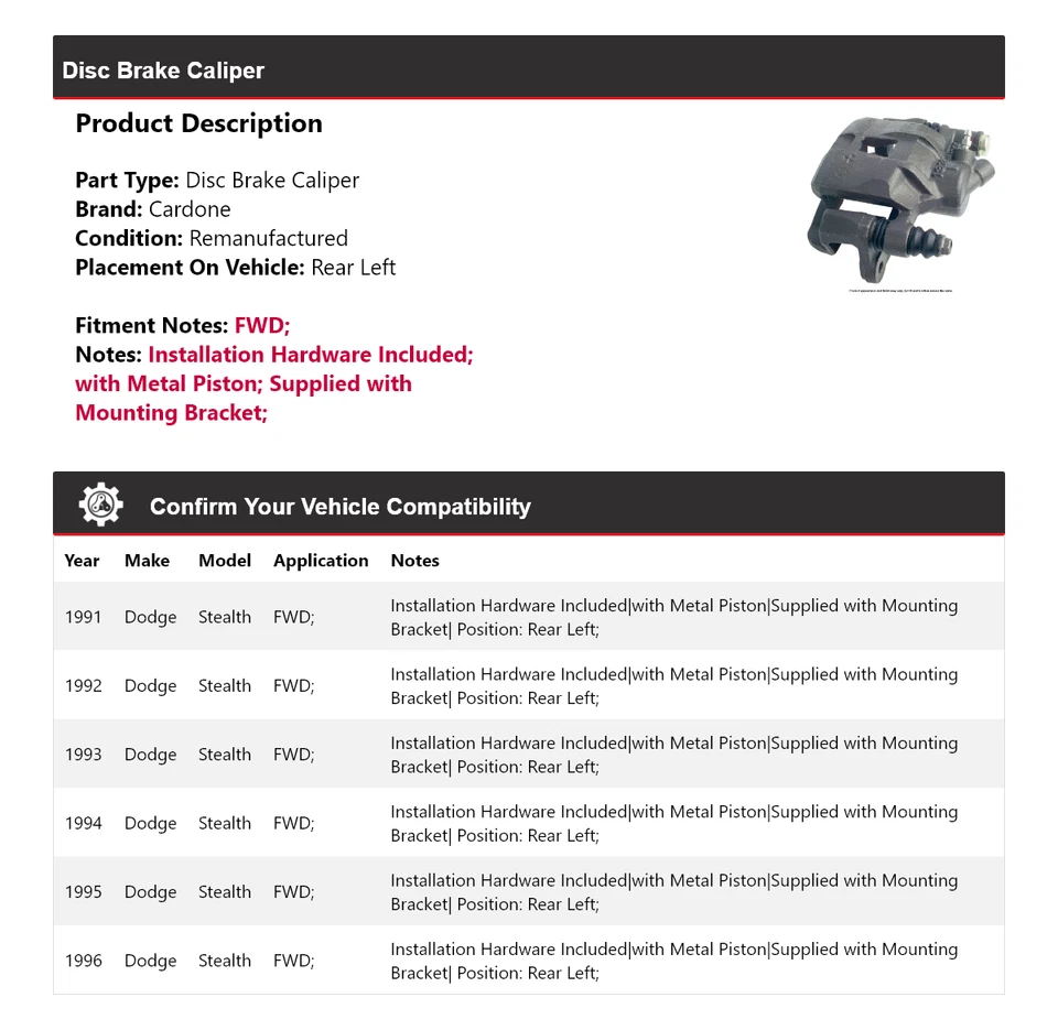 Pinza de freno de disco trasera izquierda Cardone 1992 1993 para Dodge Stealth 1991-1996 tracción delantera Foto 2 de 4