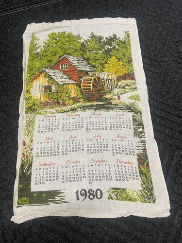1980 Calendar Linen Tea Towel Red Barn, Water, Fishing, WaterMill
