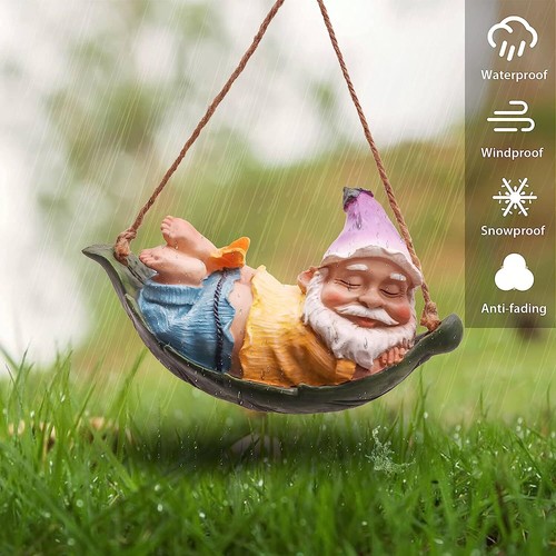Sleepy Gnome in Swing Cute Garden Gnomes Decorations Hanging Statues Outdoor - Picture 4 of 6