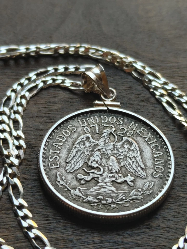 1937 Silver Mexico Cincuenta Centavos coin Pendant Sterling Bezel & 18" chain - Image 3 of 4