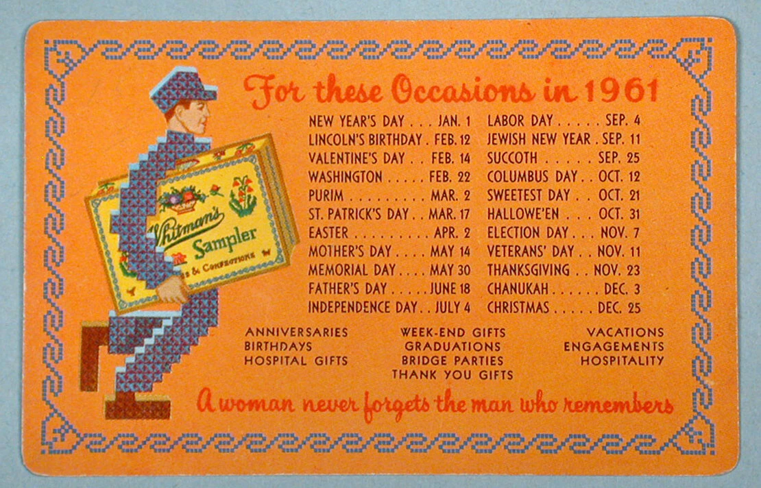 1961 Whitman's Chocolate Advertising Pocket Calendar Card Sampler Mascot  Candy | eBay
