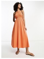 ASOS Design Orange Midi Dress with Smocked Top, Size 0
