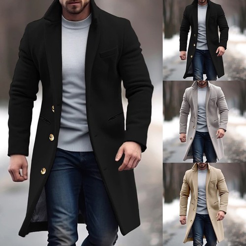 Men's Winter Overcoat with Lapel Long Sleeve Trench Jacket for Business - Picture 5 of 18