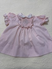 Vintage Polly Flinders Baby Girl Pink Hand Smocked Dress Embroidered Trim Sz 12M