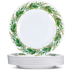 10 Pcs Christmas Holly Melamine Dinner Plates - Holly Plates Holiday Dinnerwa...