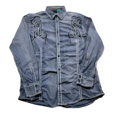 Roar Mens Medium Long Sleeve Button Up Gothic Embroidered Shirt Blue