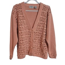 Vintage Words Floral Crochet Knit Cardigan Sweater Women's Size Medium Pink READ