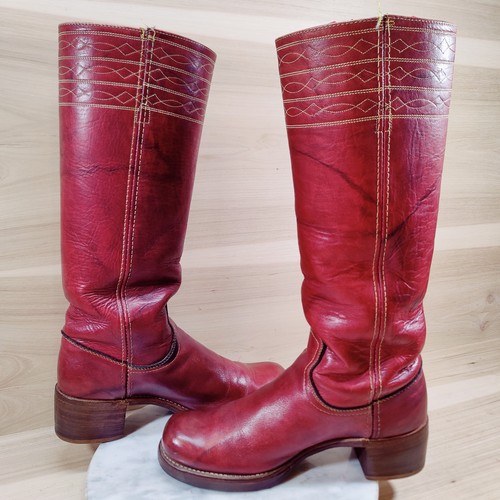 Vtg 70s Frye Campus Tall Boots Women 8.5 B Red Oxeblood Square Toe BLACK LABEL - Picture 3 of 15