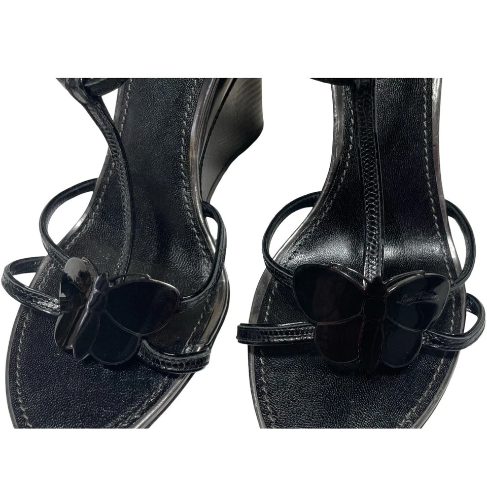 Louis Vuitton Black Croc Embossed Leather Butterfly Wedge Sandals   Size: EU 40 - Image 3 of 4
