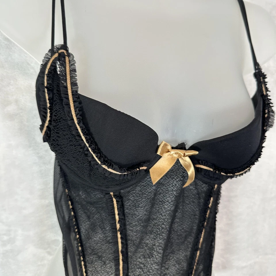 Elle Macpherson Intimates Bustier Womens 36C Corset Top Black Gold Lace Sheer - Image 2 of 4