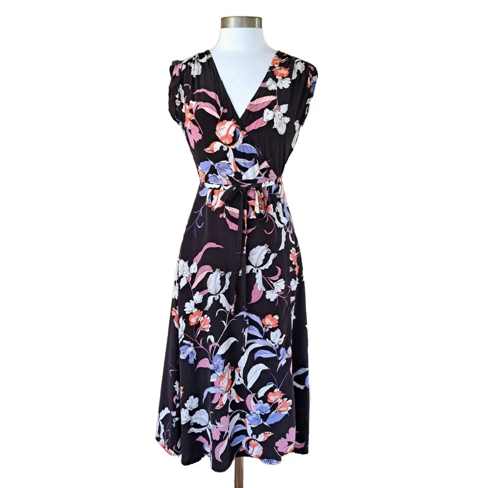YUMI KIM Orchid Blush Black Prince Street Silk Wrap Midi Dress Dark Floral XS - Image 2 of 4