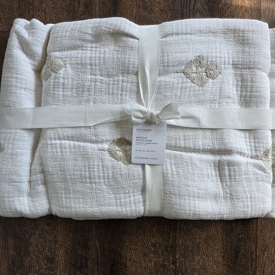 Pottery Barn Natalie Embroidered Coverlet Blanket Full/Queen Flax/Neutral