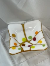 Fused Art Glass ~5” Square Tray Dish Green Yellow White Dots Candy Nut Serve