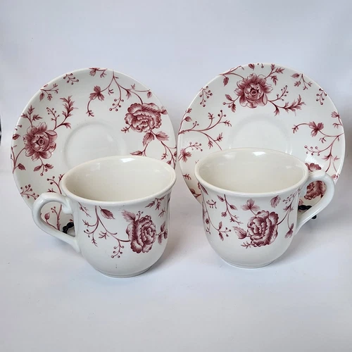 2 Sets Vintage Queen’s ROSE CHINTZ Tea  Cup Saucer Cranberry Red China Coffee 