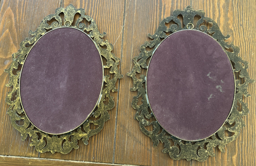 2 Vintage Italy? Oval Brass Ornate Frame Floral Picture Convex Bubble Glass 13" - Picture 10 of 13