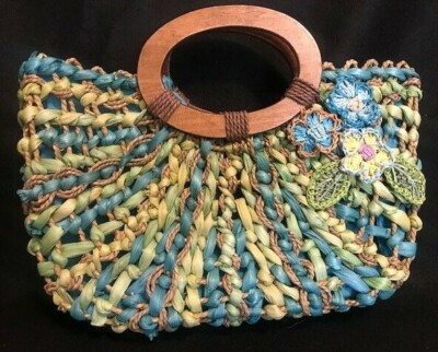 Sac à Main En Paille Capelli Straworld - Citron Vert Avec Fleurs - Poignée En Bois - Occasion Bon état