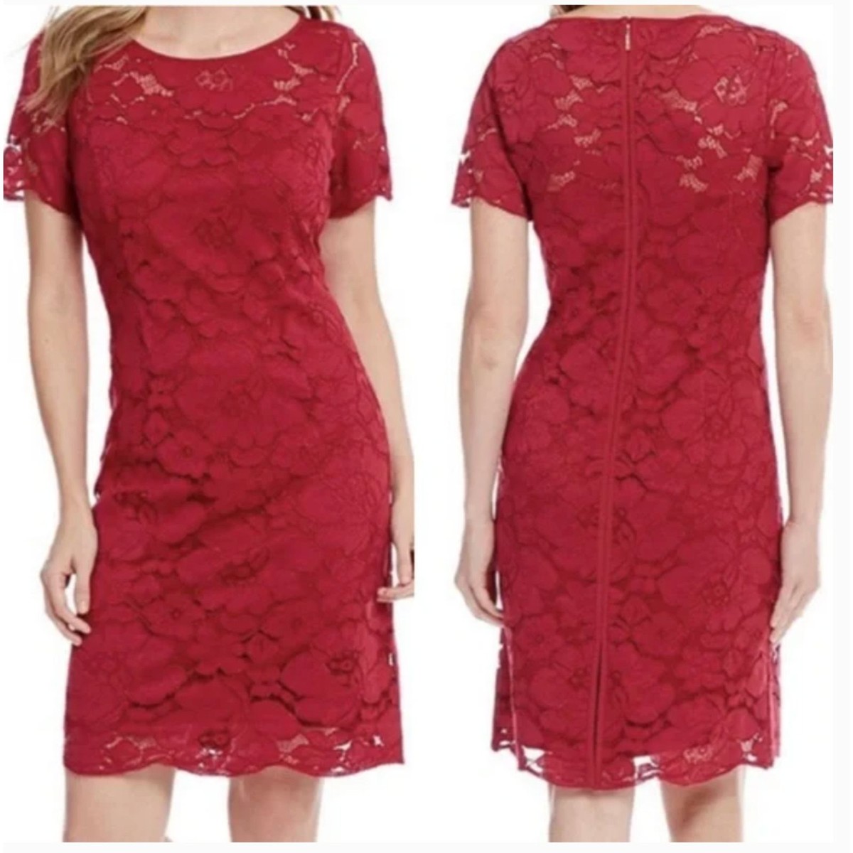 Karl Lagerfeld Red Floral Lace Overlay Short Sleeve Cocktail Party Dress 4 Karl Lagerfeld Red Floral Lace Overlay Short Sleeve Cocktail Party Dress 4