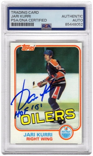 Jari Kurri Signed Oilers 1981-82 Topps Rookie Hockey Card #18 w/HOF'01 - (PSA)