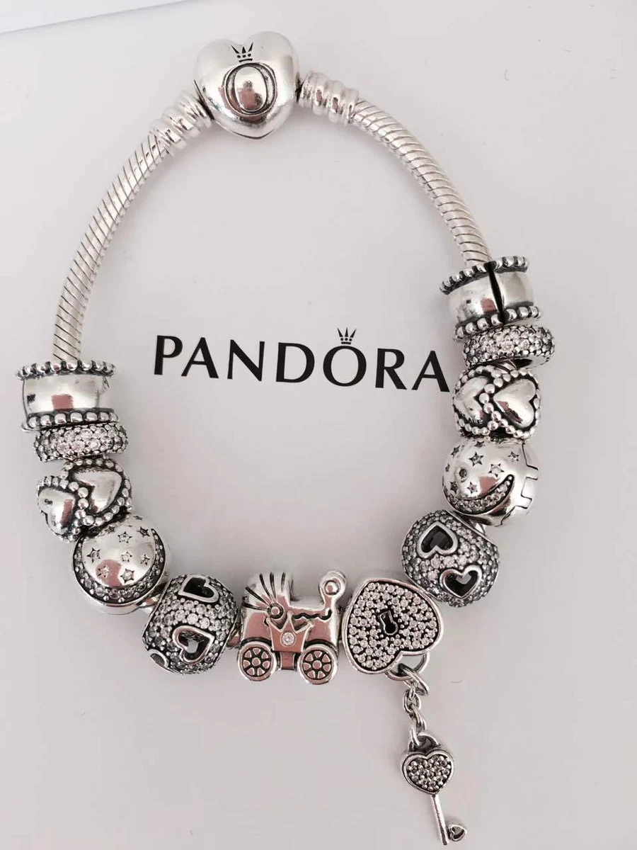 PANDORA SILVER BRACELET WITH PINK LOVE EUROPEAN CHARMS & WHITE LEATHER BOX!  | eBay