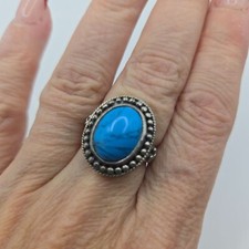 Vintage HAN 925 Sterling Silver Real Cabochon Turquoise Beaded Ring Size 6