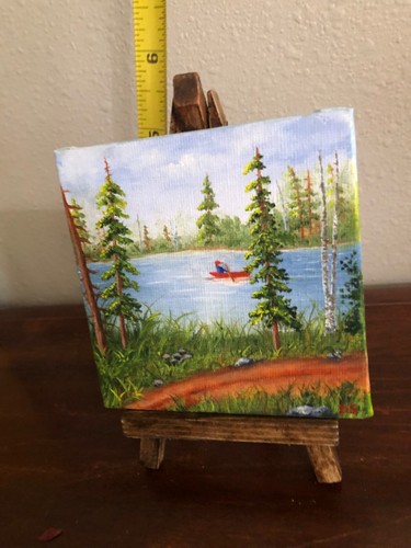 Original 4” oil painting w/easel , miniature lake scene landscape - Picture 3 of 7