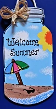 Welcome Summer MASON JAR SIGN Wall Art Door Hanger Plaque Country Wood Decor 