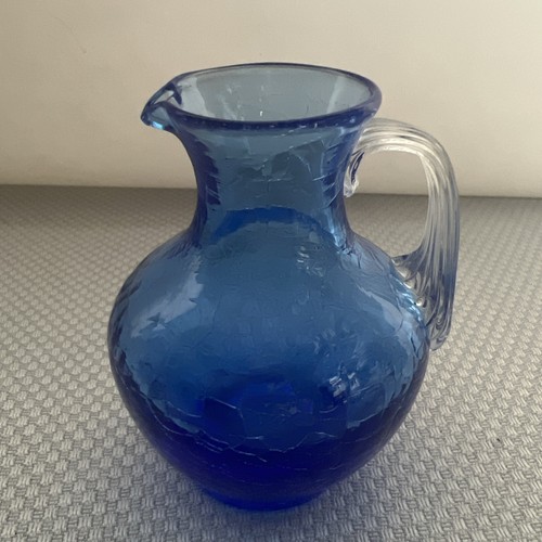 Vintage Cobalt Blue Crackle Glass Clear Handle Pitcher Creamer Hand Blown - Picture 2 of 5