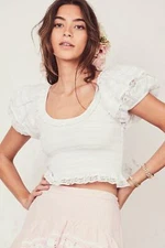 LoveShackFancy Molly Top in White Cotton Smocked Crop Top Small Ruffle Lace $285