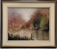 Large 1986 Vintage Signed Original Oil On Canvas The Lake House Gaston Petridis