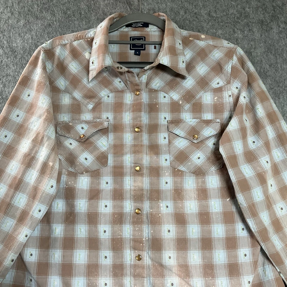 Upcycled Top Shirt Womens Large Brown Check Artsy Bleach Dye Western Cowgirl - Image 3 of 4