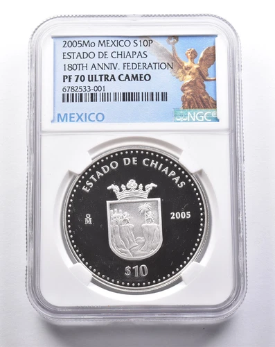 PF70 UCAM 2005 Mo Mexico 10 Silver Pesos 180th Anniversary Federation NGC *3235